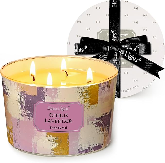 HomeLights Citrus Lavender Scented Candles | 18oz Soy Candles Scandinavian Minimalist Design 4-Wick Large Candle Jars | Ideal Candle Gifts for Events, Home Decor Stress, Relief & Relaxation