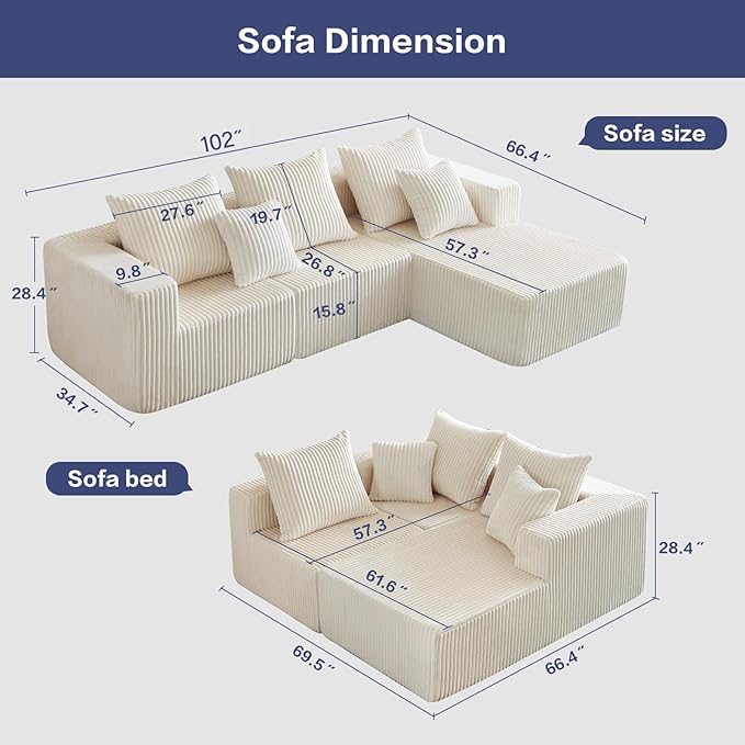 102" Sectional Couches for Living Room,Boneless Cloud Couch,L-Shaped Sofa with Oversized Deep Seat,Comfy Couch for Bedroom,Compressed Sofa in a Box,No Assembly Required(Corduroy,Beige)