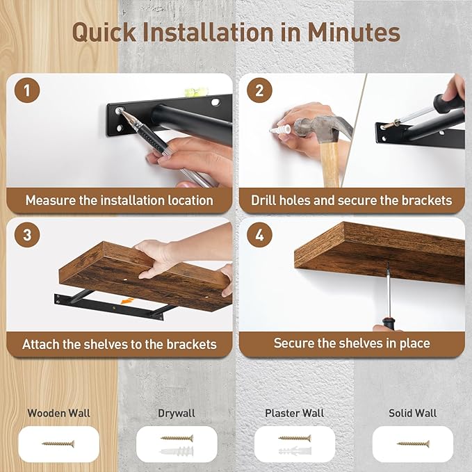 Floating Shelves for Wall, 1.5" Thick Wall Shelf Set of 3 with Invisible Brackets, 23.6L x 7.9W Hanging Shelves Farmhouse Home Decor for Bathroom, Living Room, Bedroom, Rustic Brown 6301BJP3BF