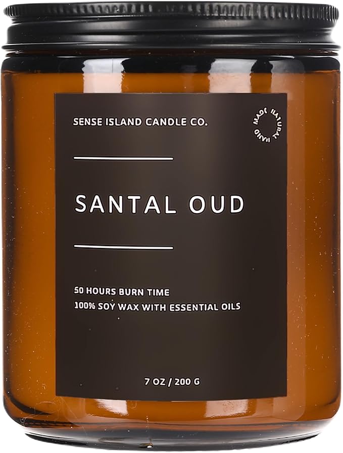 SENSE ISLAND Santal Oud Scented Candles for Men&Women | 100% Natural Soy Candle 7oz, up to 50 Hrs Burn Time Highly Scented Premium Woody Scented Candle