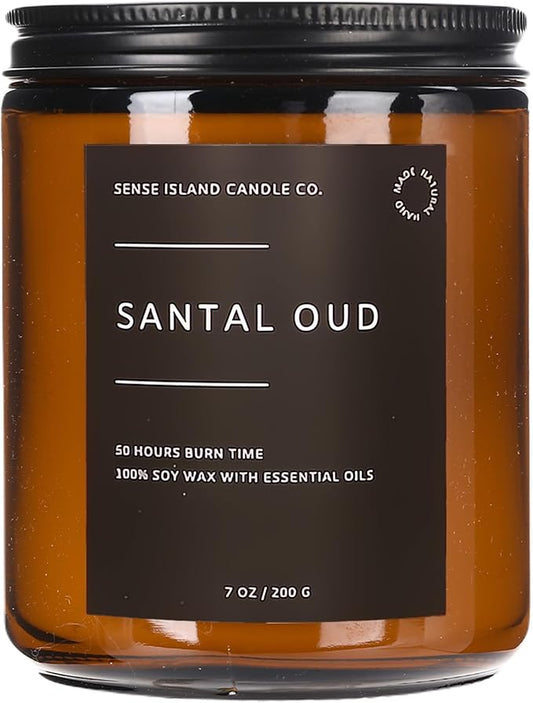 SENSE ISLAND Santal Oud Scented Candles for Men&Women | 100% Natural Soy Candle 7oz, up to 50 Hrs Burn Time Highly Scented Premium Woody Scented Candle