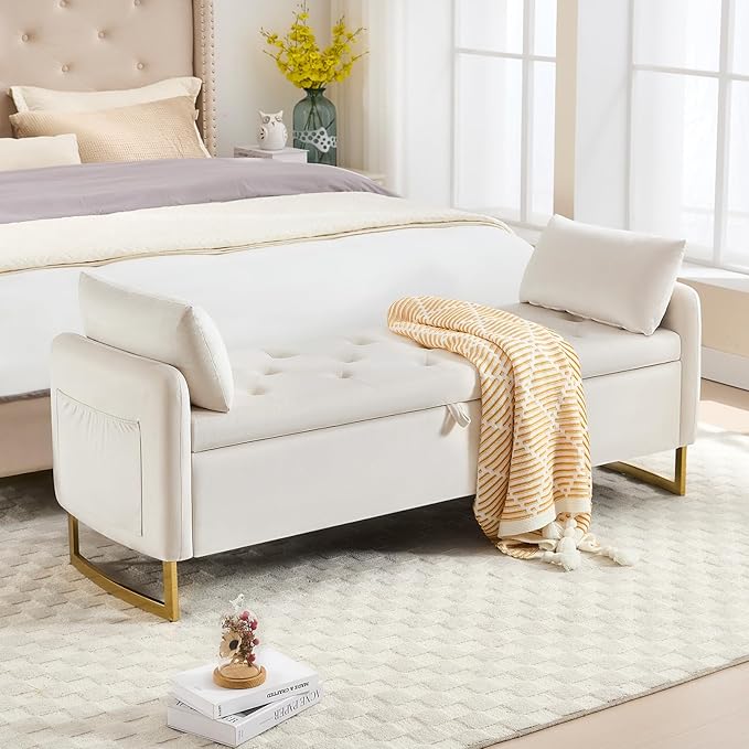 65" End of Bed Storage Bench King Size, Storage Ottoman Bench with Tufted Button Upholstered and Gold Legs, Bedroom Benches with Armrests for Living Room Window and Entryway, Beige