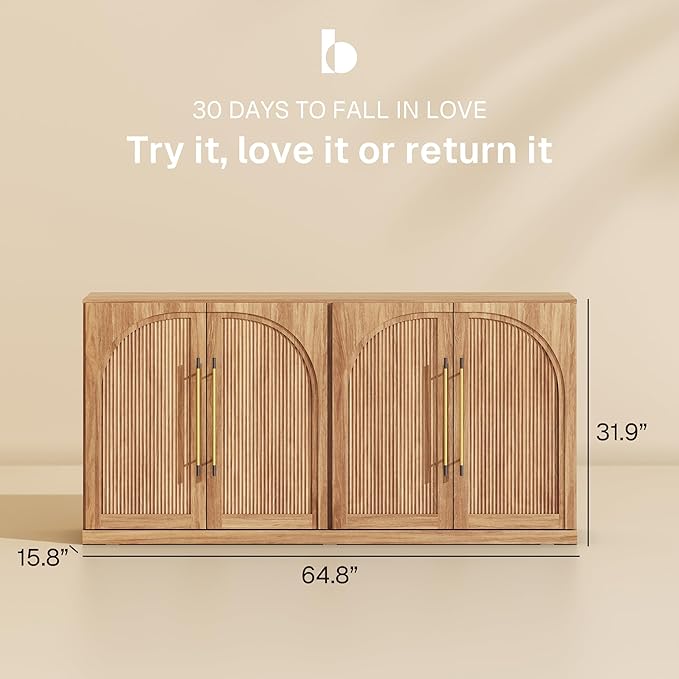BELLEZE 65 Inch Sideboard Cabinet with Double-Arc Wood Doors, Large Buffet Cabinet with Storage and Adjustable Shelves, Classic Modern Console Table for Dining Room Living Room Entryway (Camel)