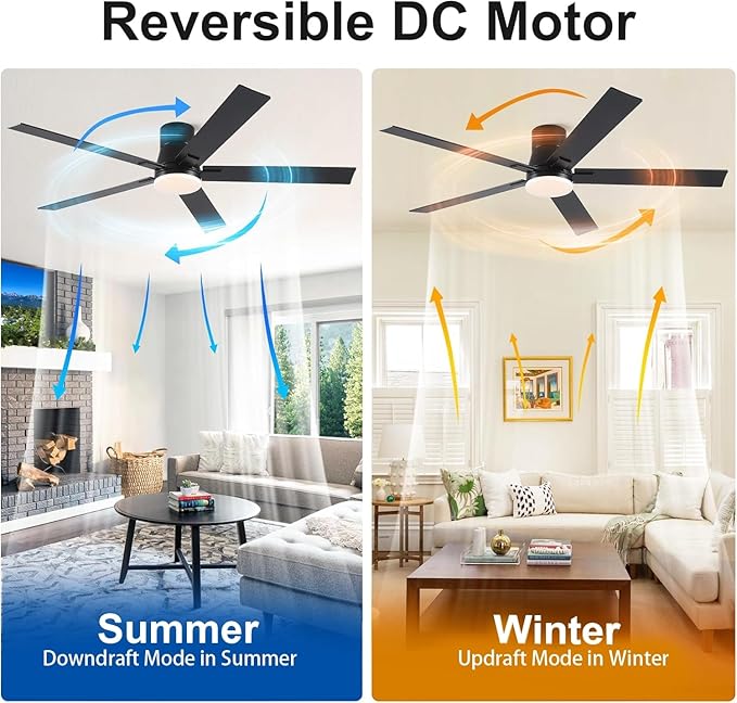 Rayqueen 60 Inch Ceiling Fans with Lights and Remote,Flush Mount Black Ceiling Fan,6 Speed Reversible DC Motor,3CCT Dimmable LED-Low Profile Design for Bedroom, Living room & Covered Outdoor