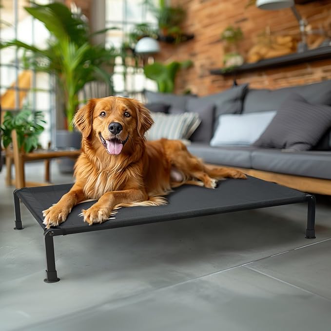 Veehoo Heavy Duty Elevated Dog Bed - Raised Dog Cot with Washable & Breathable Teslin Mesh, Non-Slip Silicon Feet, Cooling for Indoor or Outdoor Use, 29" x 18", Black