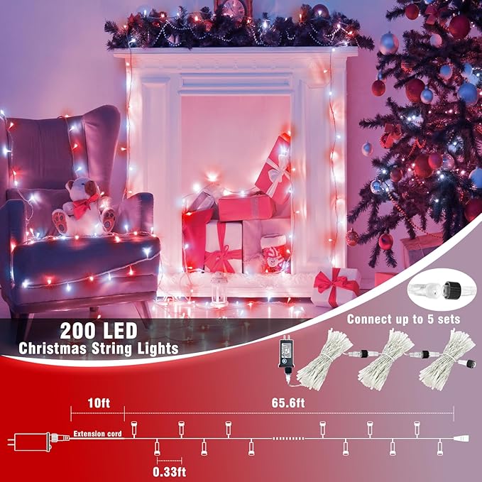 Red and White Christmas Lights Outdoor Waterproof 66ft 200 LED Christmas String Lights 8 Modes Plug in Twinkle Fairy Lights with Timer Memory for Indoor Outside Bedroom Home Party Decoration