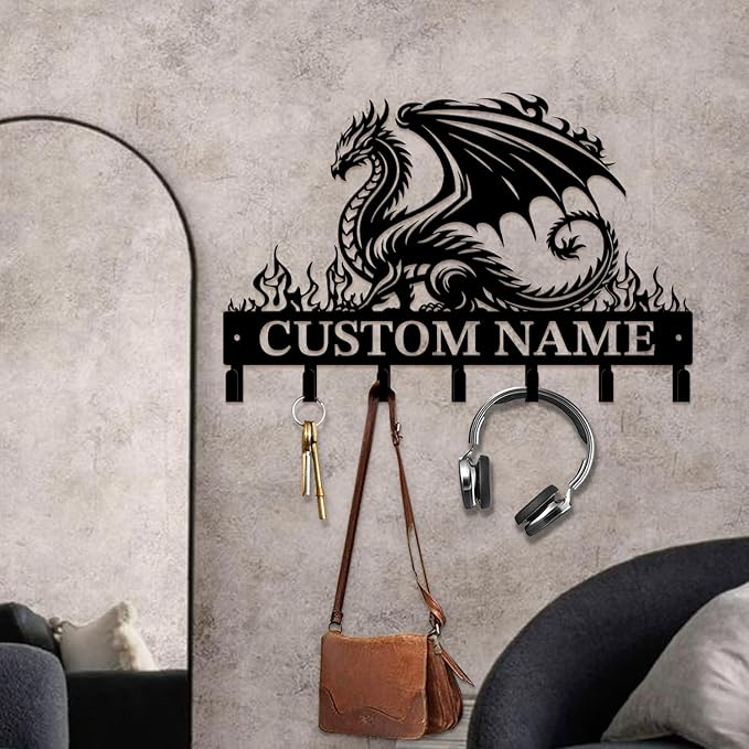 Customized Name Key Hook - Evil Dragon Design Keys Holder Decor Black Iron Metal Wall Organizer for Home & Office (Multiple Sizes) (Style D)
