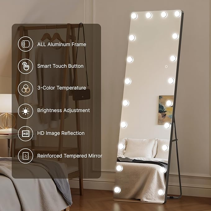 Kosmonia 62x20 Hollywood Full Length Mirror with Light, 20 Dimmable Bulbs & 3 Color Smart Touch Control, Distortion Free, Tempered Glass & Shatter Proof Film, Safe Full Body Mirrors with Stand