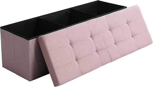 CUYOCA 45.3 Inches Storage Ottoman Bench Foldable Seat Footrest Shoe Bench End of Bed Storage with Flipping Lid, 166L Storage Space, Linen Fabric Pink