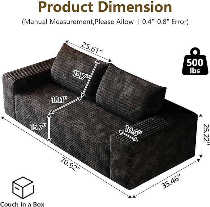 71" Boneless Loveseat Sofa - Cloud Couch with Memory Foam, Comfy Deep Seat - Corduroy Floor Sofa, No Assembly Required - Small Space Friendly for Living Room, Bedroom, Apartment, Black