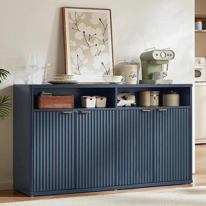 LEYAOYAO Fluted Buffet Cabinet with Storage, 55" Wide Wood Sideboard Credenza with 4 Doors & Open Storage Shelf, Modern Kitchen Console Accent Cabinets, Coffee Bar Table for Dining Room, Dark Blue