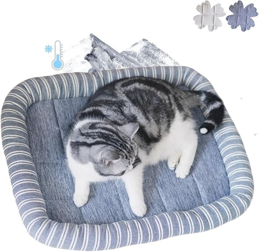 Cat Cooling Mat Bed, Summer Machine Washable Temperature-Regulating Breathable Sleeping Cushion for Indoor Kittens (Blue,L)