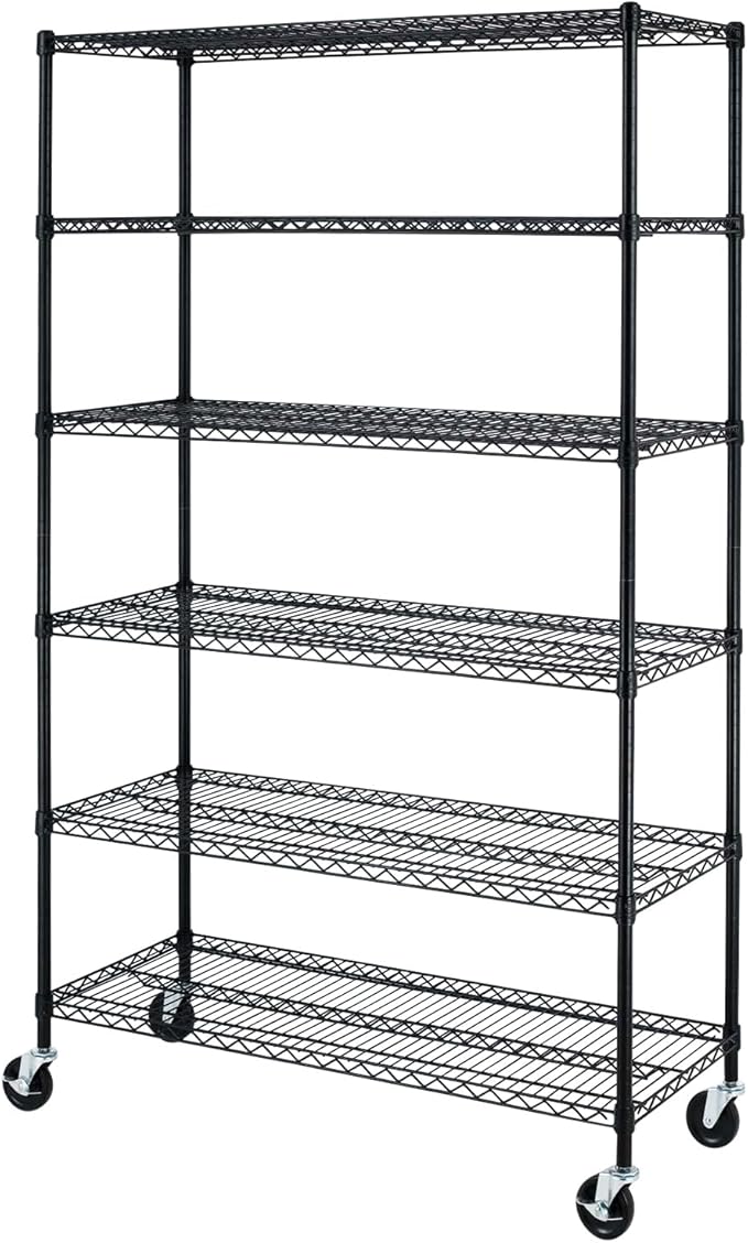 BestOffice Storage Shelves 6 Tier Metal Shelves Adjustable Heavy Duty Garage Shelving Wire Shelving Unit Capacity 6000LBS with Wheels for Kitchen, Garage Pantry Closet Commercial,Black