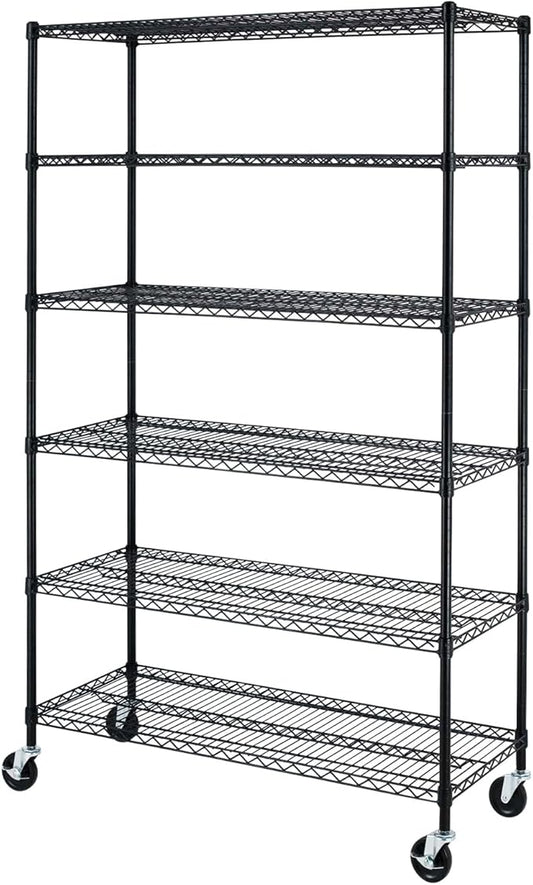 BestOffice Storage Shelves 6 Tier Metal Shelves Adjustable Heavy Duty Garage Shelving Wire Shelving Unit Capacity 6000LBS with Wheels for Kitchen, Garage Pantry Closet Commercial,Black