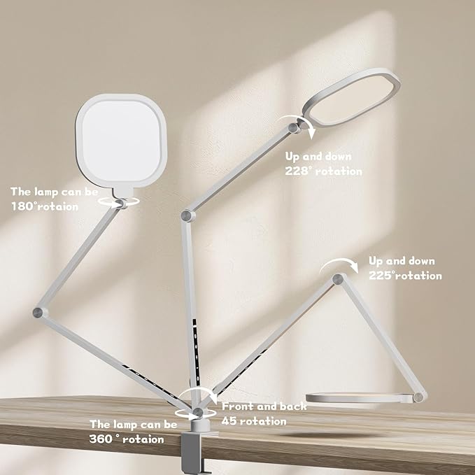 LED Desk Lamp for Home Office, 15W Desk Light with C- Clamp, Swing Arm, Memory & Timer Function, 1200LM Dimmable Computer Light for Video Calls, Conference, Study (White-Clamp)