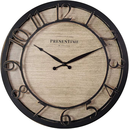 Presentime & Co 13" Farmhouse Series Wall Clock, Quartz Movement, Shiplap Style,Raised 3D Arabic Numeral, Oil Rubbed Bronze