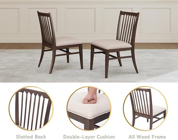 chairus Upholstered Dining Chairs Set of 6, Walnut Wooden Barrel Kitchen Chairs with Slat Back Double-Layer Cushion Farmhouse Accent Chairs for Dining Room/Living Room/Restaurant, Linen Beige