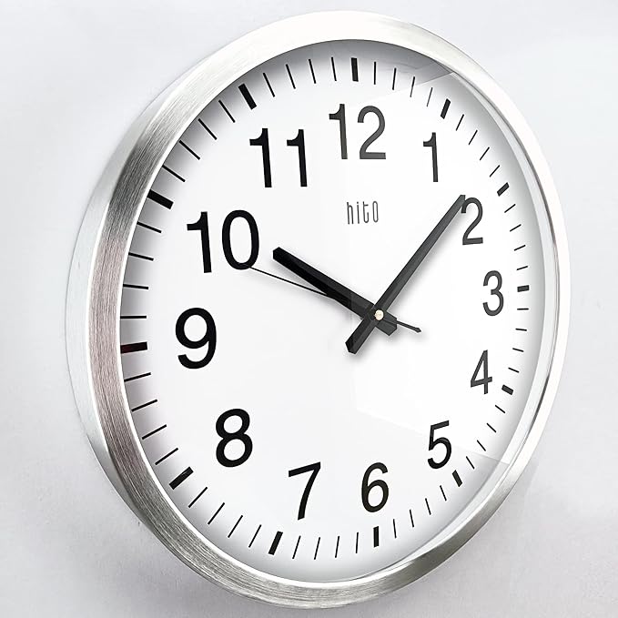 HITO 16" Silent Wall Clock Battery Operated Non Ticking Sweep Movement Glass Cover Silver Aluminum Frame, for Kitchen, Bedroom, Home Office, Living Room Decor