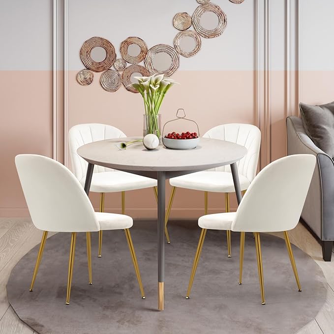 Velvet Dining Chairs Set of 2, Upholstered Mid Century Modern Dining Chairs, Armless Accent Chair with Metal Gold Legs for Living Room, Kitchen, Dining Room, Beige