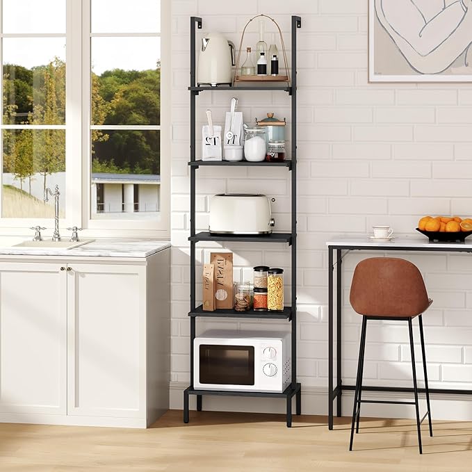 Ladder Shelf, 5-Tier Bookshelf, Ladder Bookcase with Wall Mount, Heavy Duty Industrial Style Storage Rack for Living Room, Office, Kitchen, Bedroom, Black LSBK5501