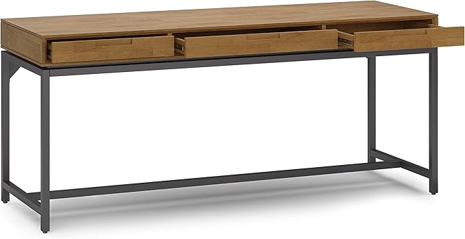 SIMPLIHOME Banting Desk - 72-Inch Wide Solid Hardwood and Metal Writing Desk in Medium Saddle Brown, Modern Industrial Home Office Computer Table for Study with 2 Drawers and Flip-Down Keyboard Tray