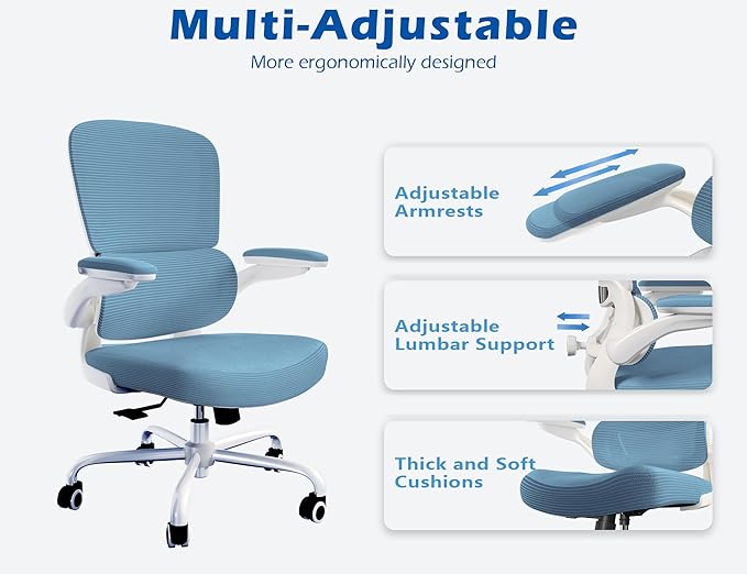 TRALT Ergonomic Office Chair - Desk Chair with Adjustable Lumbar Support Computer Chair - Mesh Comfy Chair with Flip-up Armrests - Gaming Chairs for Adults Home Office (PU Leather, Sky Blue)