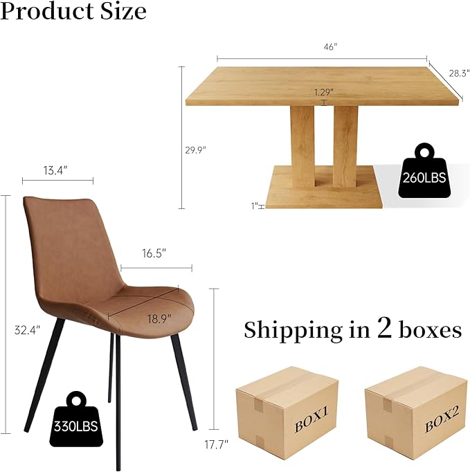 Dining Table Set for 4-6 People, 46 Inch Modern MDF Oak Kitchen Table with 4 Faux Leather Chairs, Rectangular Dining Room Table Set for Home, Small Spaces, Breakfast Nook (Oak Table + 4 Brown Chairs)