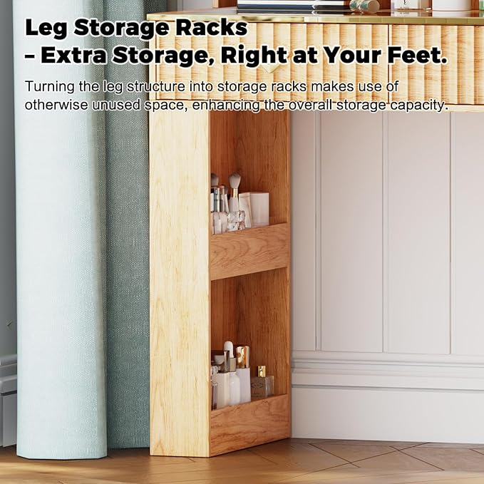 57“Makeup Vanity Desk with Mirror and Lights, Vanity Desk with 5 Drawers & Storage Shelves, Vanity Table with Power Outlet, 3 Color Modes & Adjustable Brightness Dressing Table, Bedroom,Oak