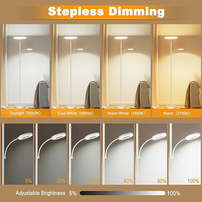 White Floor Lamp, 42W 4000LM Super Bright LED Room Lamp with Adjustable Reading Light,Dimmable Modern Standing Lamp with Remote & Touch Control for Room Bedroom Office Floor Light