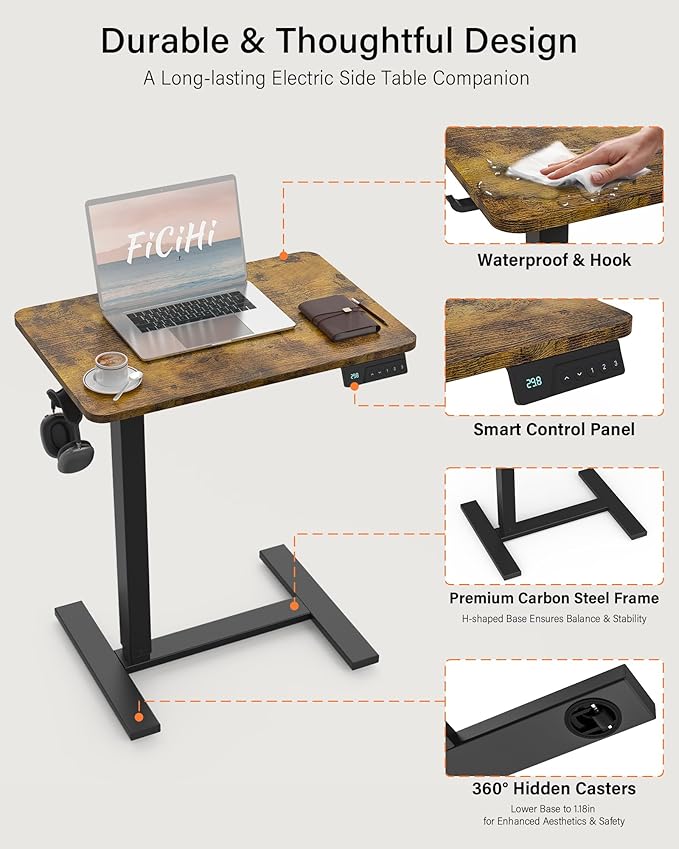 FiCiHi Small Electric Standing Desk - Adjustable Height Bedside Laptop Table with Wheels, Mobile, Portable Rolling Computer Cart,Movable, Home Office, Sofa, Couch Use(24x16,Rustic Brown)