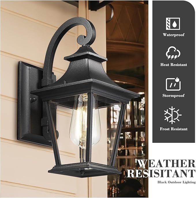 Emliviar Outdoor Wall Lights 2 Pack - Exterior Porch Lights Wall Mount in Black Finish with Clear Glass, XE219B-2PK BK
