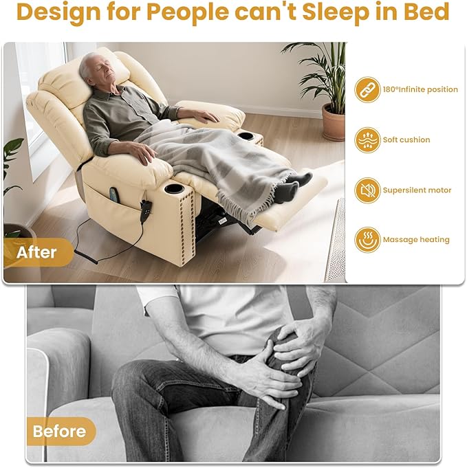 PARKOL Large Infinite Position Leather Power Lay Flat Lift Studded Recliner Chairs for Elderly, Dual Motor with Massage and Heating,Extended Footrest, USB&Type-C Port Remote,Cup Holder (Beige, Large)