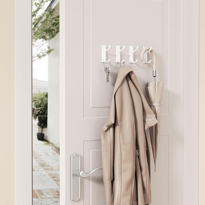 pickpiff Adhesive Wall Coat Hooks - Heavy Duty Stick-On Door Hanger, Metal Hook for Hanging Towel,Purse, Robe, Backpack, Jacket, Clothes - for Bathroom,Dorm, Closet, Kitchen - White, 6 Pack