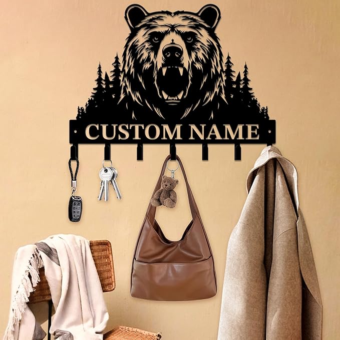 Personalized Custom Name Bear Key Wall Hooks,Metal Bear Keys Clothes Hooks,Metal Bear Wall Home Storage Decorative,For Front Door, Hallway, Kitchen, Bedroom,Keys,Hats (Style O)
