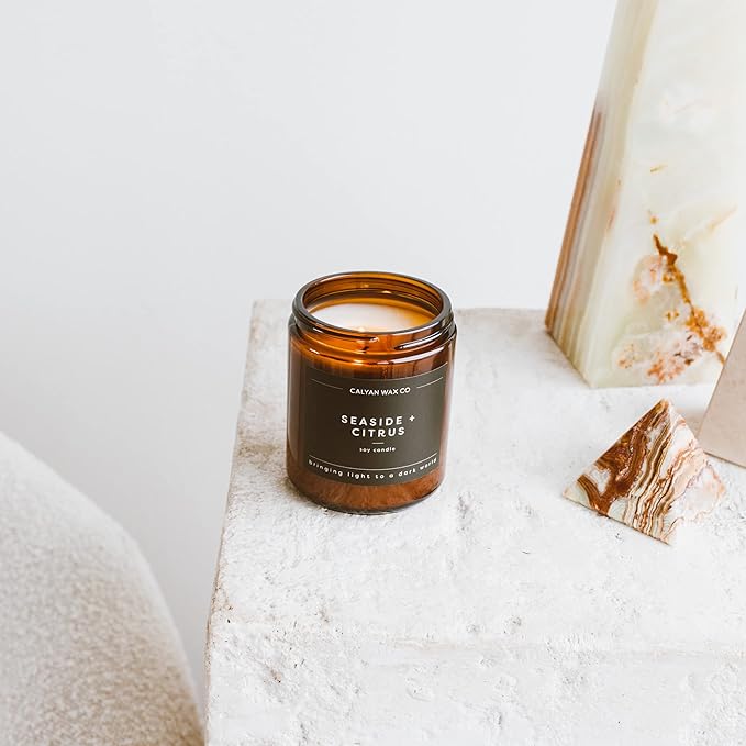 Calyan Wax Co. Seaside & Citrus Scented Candle - 57 Hour Burn - Luxury Non Toxic Soy Wax Candles - Long Lasting Amber Glass Jar Candle for Home - 7.2oz