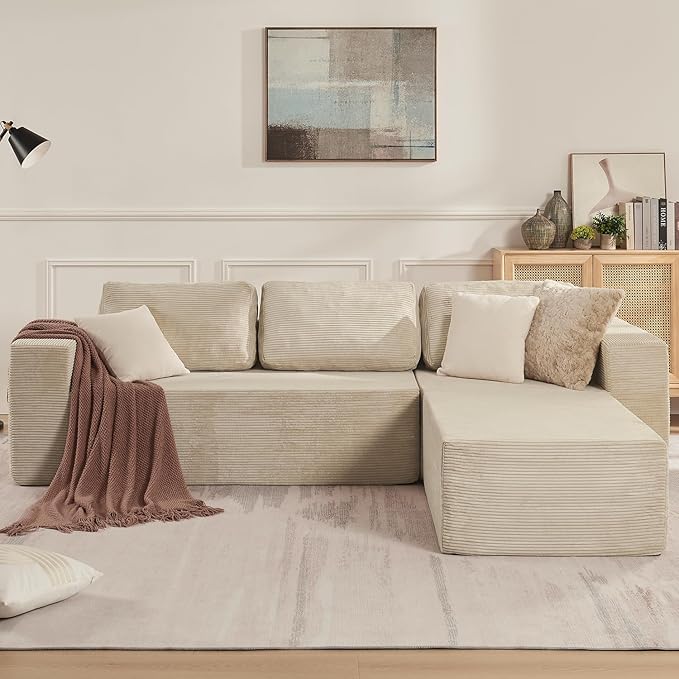 40" Modular Upholstered Foam Couch, Upholstered Floor Sofa Couch with Pillow, Single Sofa for Bedroom Living Room, No Assembly Required (Corduroy Fabric, Beige)