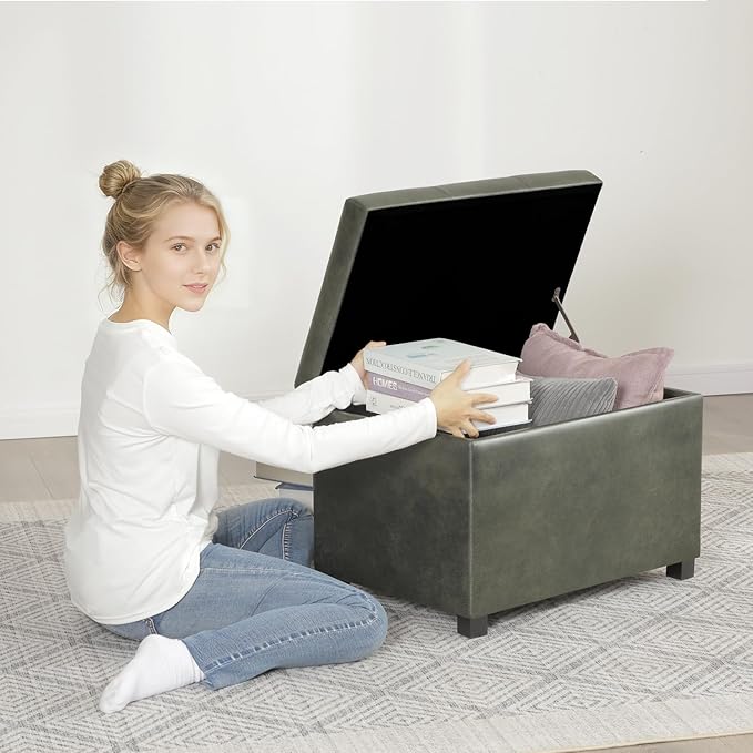 Joveco 24" Faux Suede Storage Ottoman Bench, Rectangle Foot Rest Stool for Living Room, Bedroom, Entryway, Moss Green