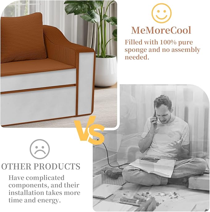 MeMoreCool Convertible Sofa Bed, Pull Out Loveseat Sofa Sleeper Couch for Bedroom Living Room Lounge, 2 in 1 Small Couch Bed with Pillow, Foldable Love Seat Futon Corduroy Orange