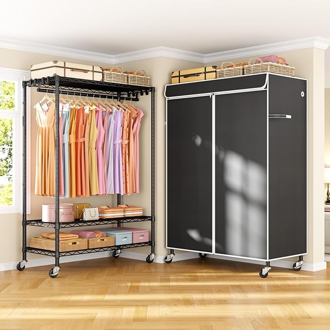P6C Plus Rolling Clothes Rack with Cover, Covered Clothing Rack Heavy Duty, Portable Closet for Hanging Clothes, Garment Rack on Wheels, Black Closet Rack with Black Cover, Max Load 375LBS