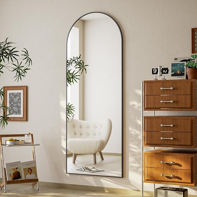 Arched Full Length Mirror - 65 x 24 inch Full Body Floor Mirror, ShatterVue Tempered Glass, Standing, Leaning, Wall Mounted for Living Room, Bedroom, Black