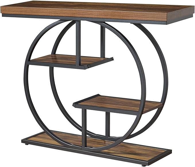 41.3" Sofa Table, Industrial 4-Tier Entryway Table with Circle Base and 1.7" Thickened Top, Narrow Console Table with Storage for Living Room, Hallway, Foyer, Rustic Brown