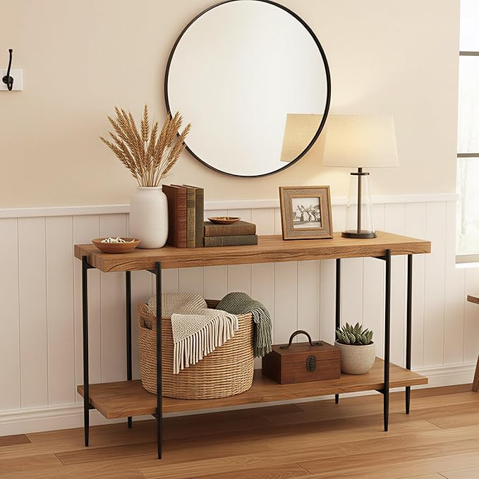 31.5” Console Table Narrow for Entryway with 2 Tier Storage Shelves, Solid Wood Industrial Entrance Sofa Table Behind Couch for Hallway, Foyer, Living Room(47.2"x11.8"x31.5")