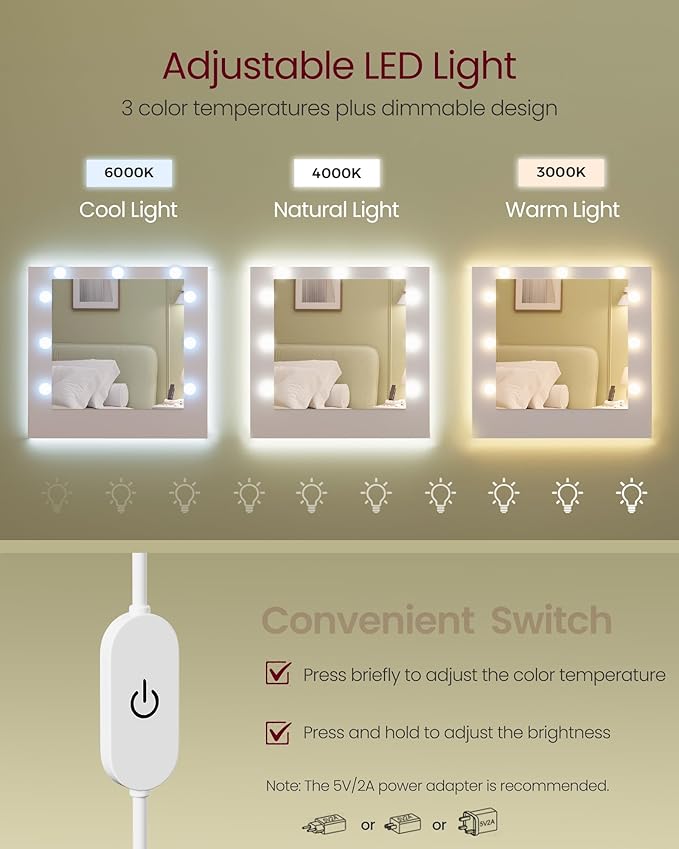 VASAGLE Kailyn Collection - Vanity Desk with Mirror and 9 LED Bulbs, Vanity Makeup Table with Power Outlets, Dressing Table with 2 Cabinets, for Bedroom, Cloud White URDT142WB01S