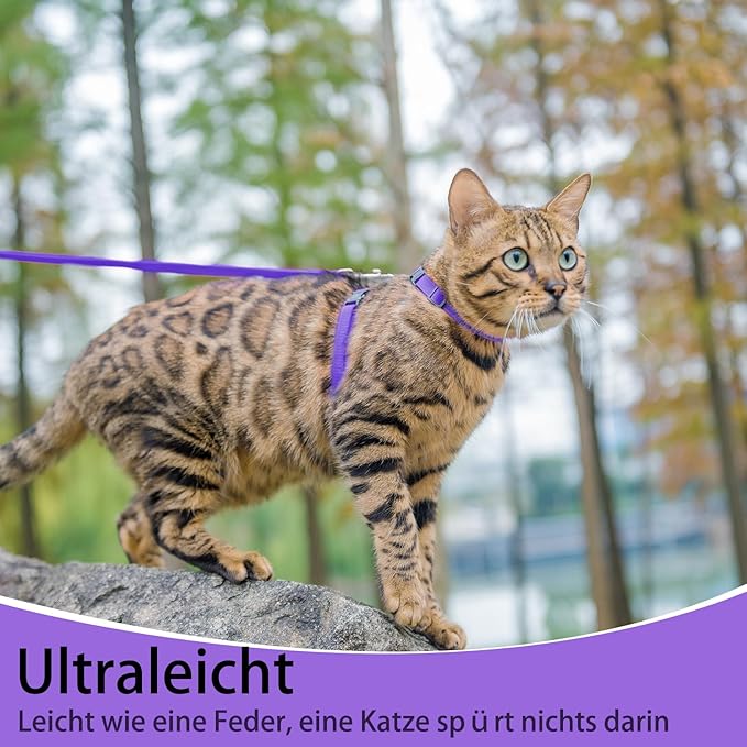 PUPTECK Adjustable Cat Harness and Leash Set Escape Proof Kitten Strap Collar for Walking Travel, Purple