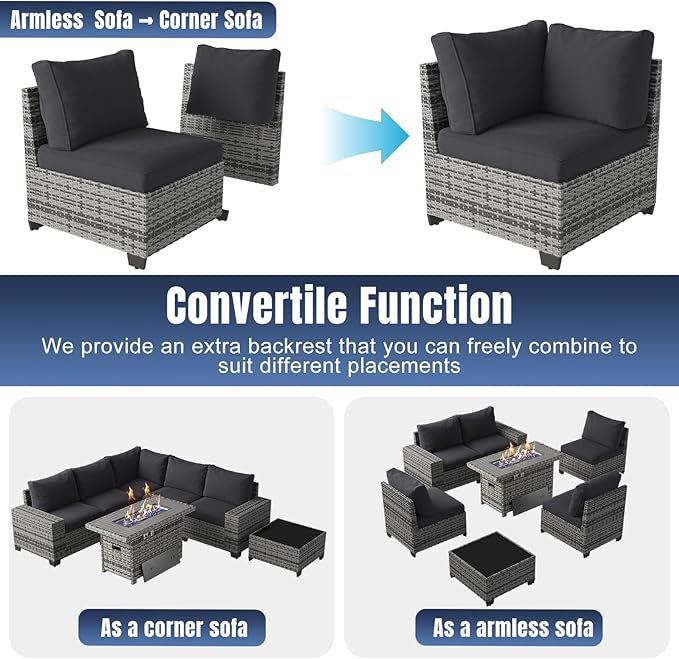 Aoxun 7 Pieces Patio Furniture Set with 40” Fire Pit Table Wicker Rattan Outdoor Sectional Conversation Set with Coffee Table and 4” Thickened Cushions, Blue(Waterproof Cover Included)