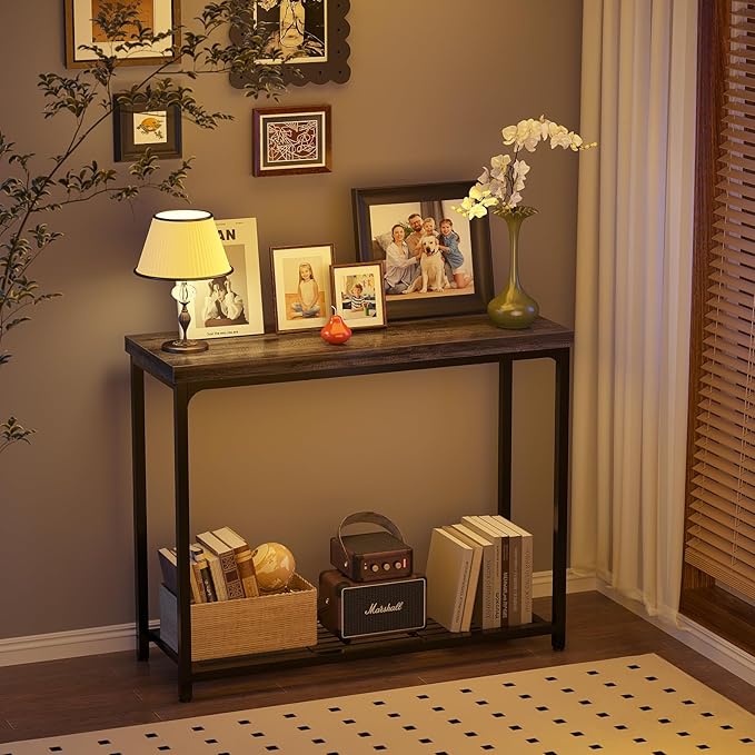 32" Small Console Table, 2-Tier Narrow Entryway Table, Sofa Table with Mesh Shelves, Console Tables for Living Room, Hallway, Entryway, Farmhouse Console Table with Storage, Oak Grey