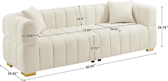 VANOMi 90.94”Cloud Sofa Couch, Modern Deep Seat Boucle Sofa, Oversized Upholstered 3-Seater Comfy Couch Loveseat for Living Room, Bedroom, Office, Apartment, White (1 Piece)