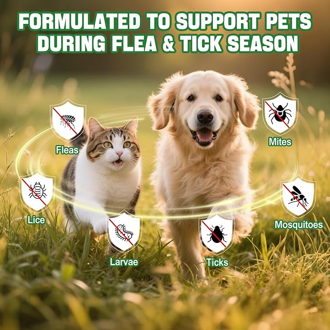 Natural Oral Flea and Tick Support for Dogs and Cats, Herbal Liquid with Multivitamins-All Breeds and Ages-Supports Immunity, Skin & Coat Support-Bacon Flavor