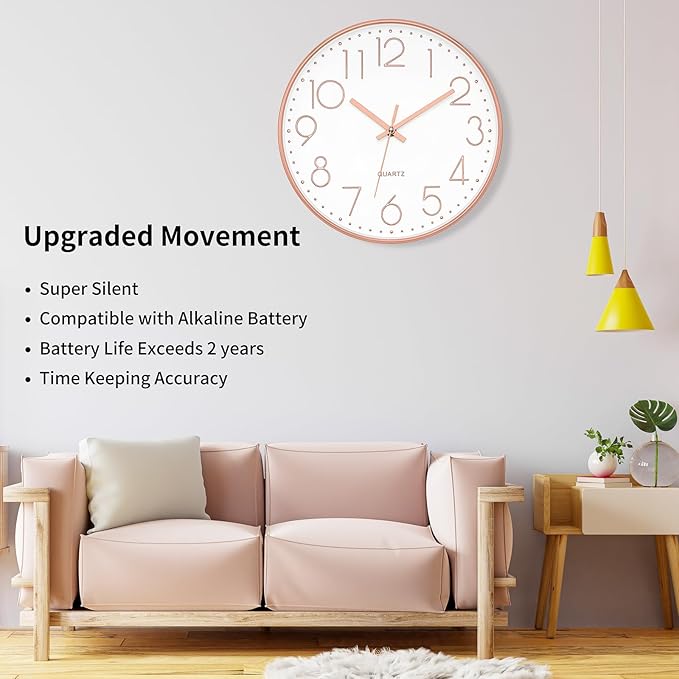 Foxtop 14 Inch Large Silent Non-Ticking Rose Gold Wall Clock Battery Operated Round Quartz Modern Wall Clock Decorative for Living Room Bedroom Kitchen Home Office