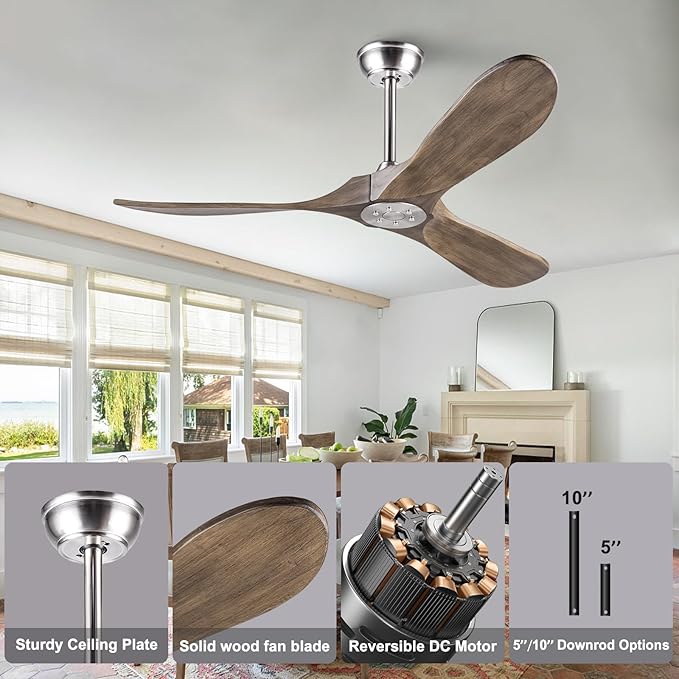 52 inch Ceiling Fan without Light, Quiet Reversible DC Motor Wood Ceiling Fan no Light, 3 Blades Modern Ceiling Fan with Remote Control for Outdoor Indoor Farmhouse Patios